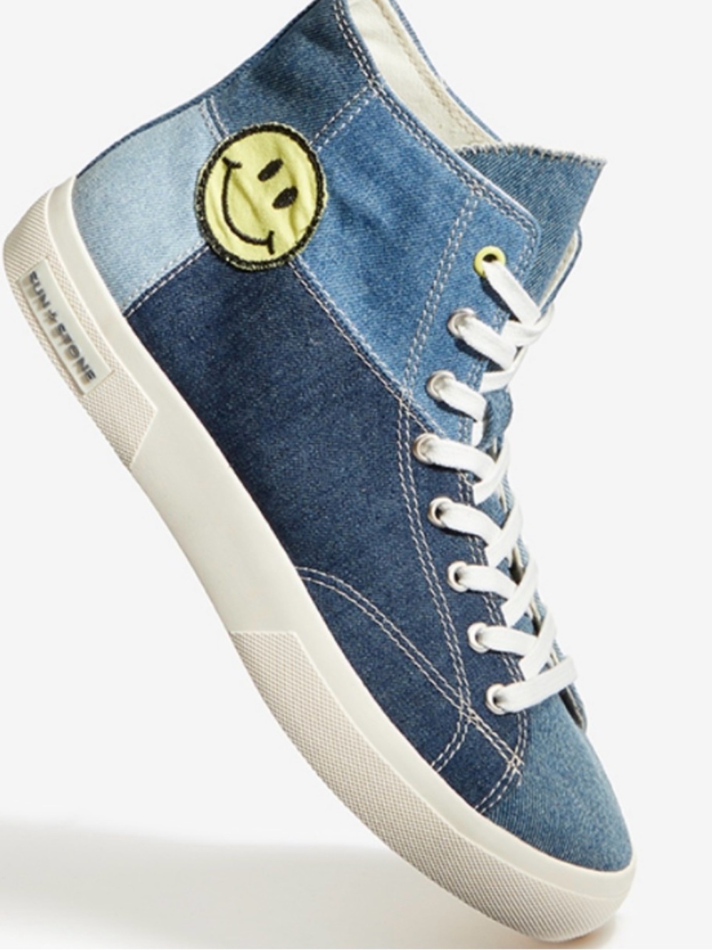 Sun + Stone Denim Smile Patchwork Mesa High-Top Sneakers Shoes Size 8.5M.